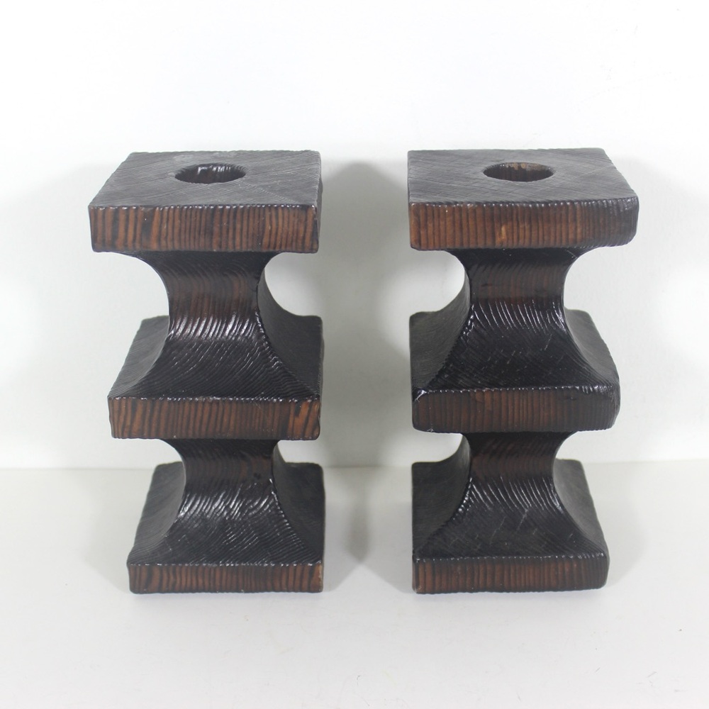 Vintage Pair of Brutalist Wood Candle Holders, Wood, Gothic, Spanish Revival, Si